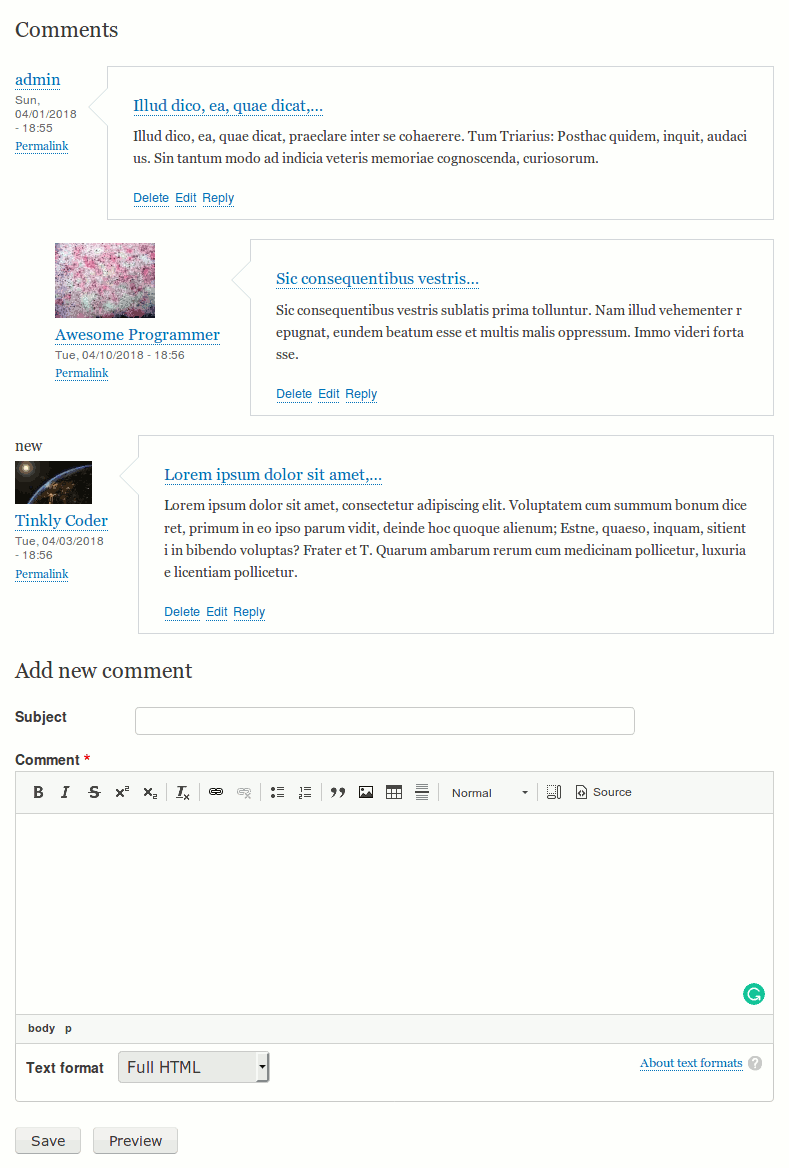 Drupal comment form and Comments