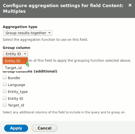 Aggregation settings for the first Categories field